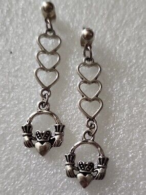 Hand Crafted Silver-Tone Heart Drop Earrings with Claddagh Detail